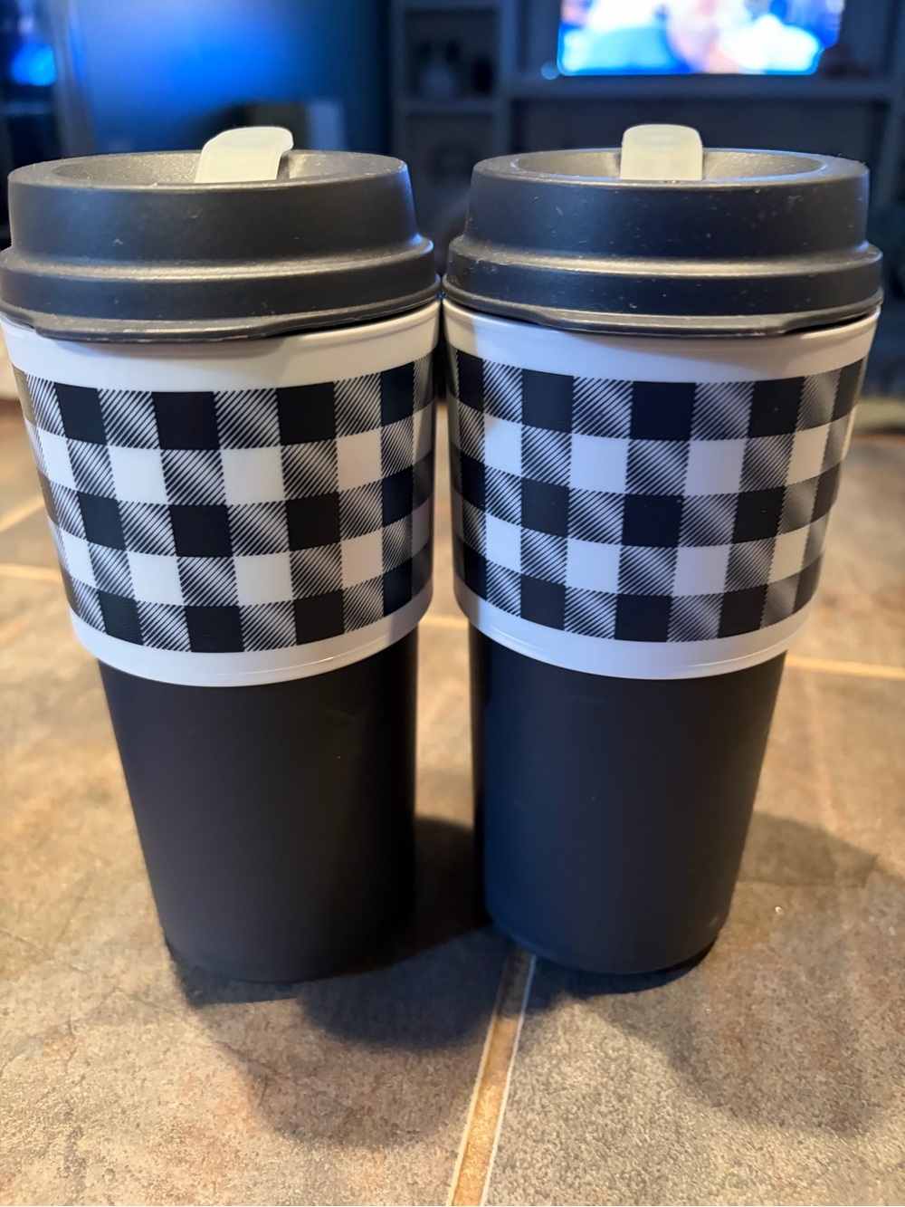 Tupperware Insulated Navy Travel Tumbler with Buffalo Check Sleeve - 2 Pack